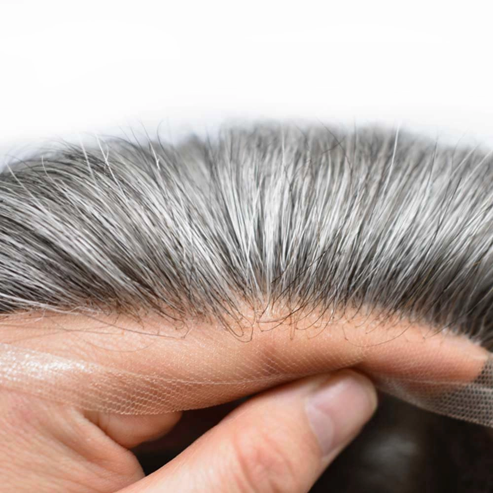 Toupee For Men Hair Pieces Real Human Hair Fine Mono Hair Replacement System Mens Toupee Hairpiece For Men Para Protesis Capilar 7x9 Medium light density #1B50 1B# OFF BLACK 50% GREY