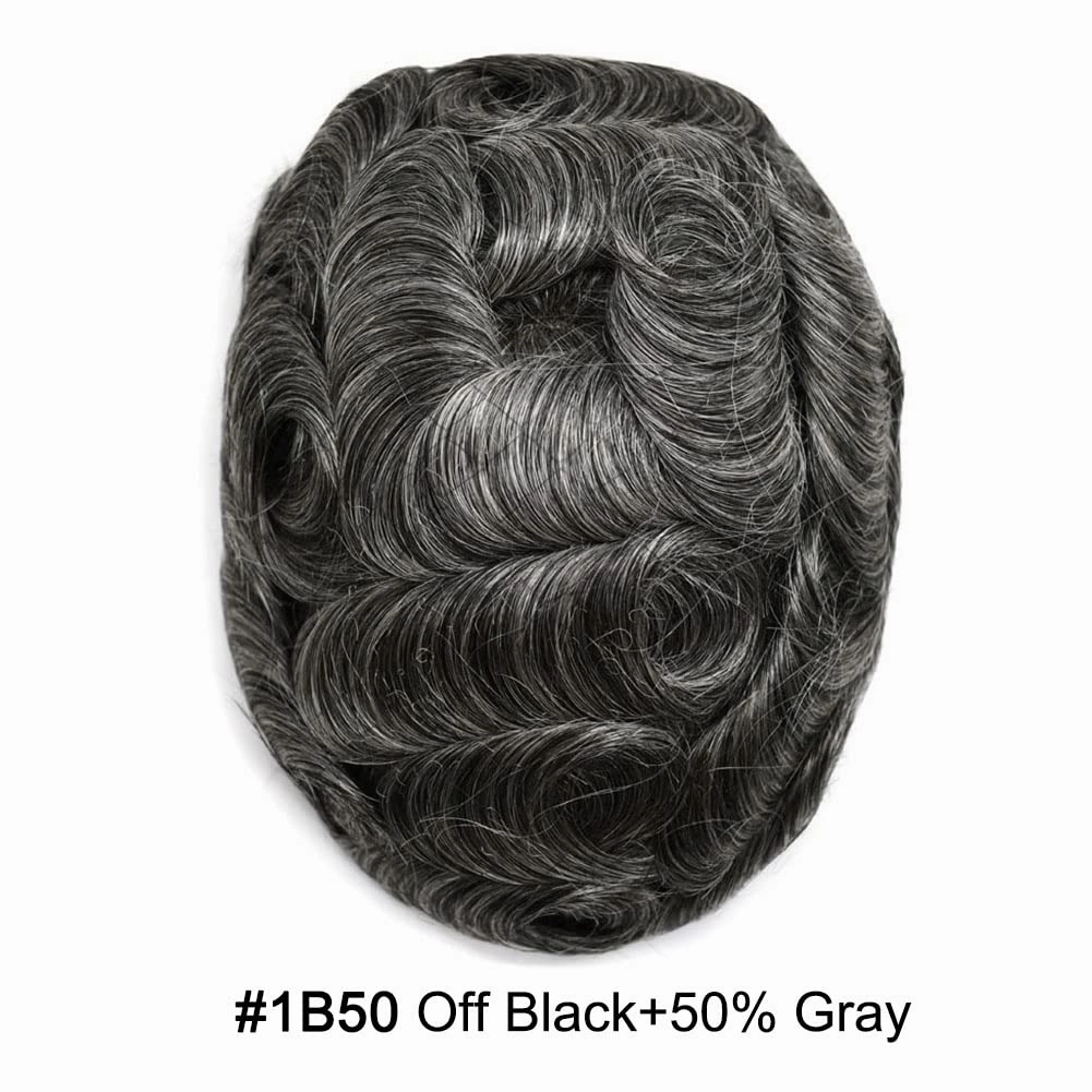 Toupee For Men Hair Pieces Real Human Hair Fine Mono Hair Replacement System Mens Toupee Hairpiece For Men Para Protesis Capilar 7x9 Medium light density #1B50 1B# OFF BLACK 50% GREY