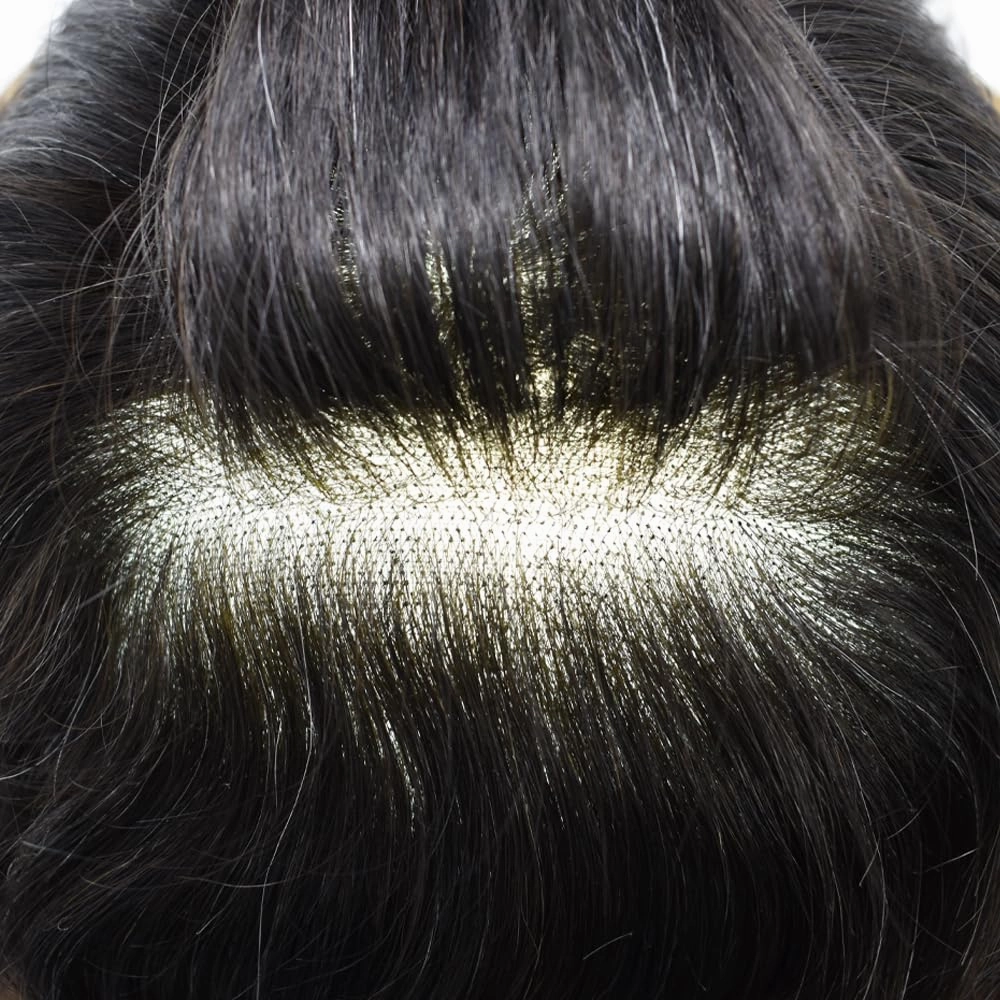 Toupee For Men Human Hair Piece For Men Replacement System Fine Welded Mono Full Lace Mens Toupee Mens Hairpiece 8x10 100% light to medium density#1B05 1B# OFF BLACK 05% GREY