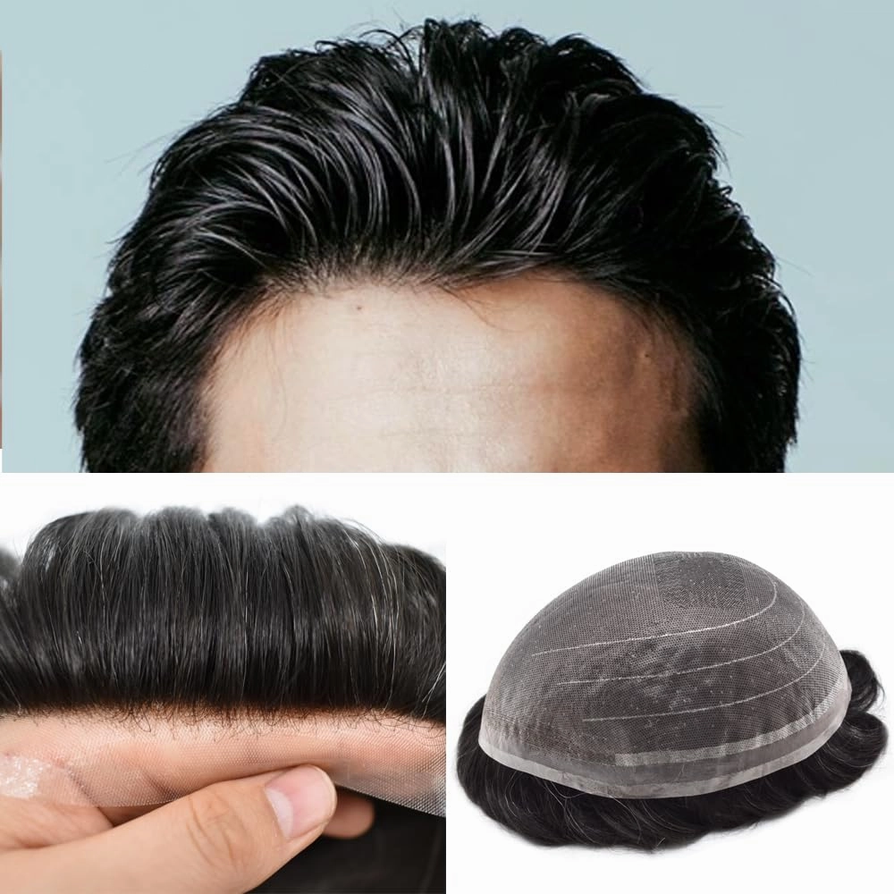Toupee For Men Human Hair Piece For Men Replacement System Fine Welded Mono Full Lace Mens Toupee Mens Hairpiece 8x10 100% light to medium density#1B05 1B# OFF BLACK 05% GREY