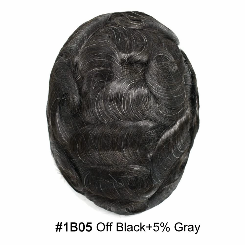 Toupee For Men Human Hair Piece For Men Replacement System Fine Welded Mono Full Lace Mens Toupee Mens Hairpiece 8x10 100% light to medium density#1B05 1B# OFF BLACK 05% GREY