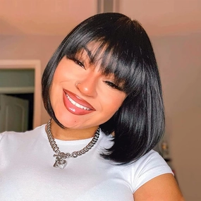ToyoTress Black Bob Wig With Bangs - 12 Inch Short Bob Wig For Black Women Hair Daily Costume, Light Yaki Straight Synthetic Hair Bob Wigs Heat Resistant (12 Inch, 1B-612H)