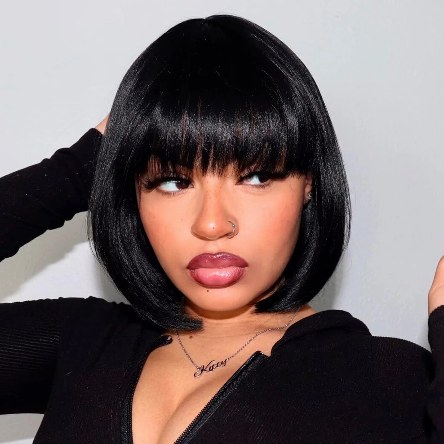 ToyoTress Black Bob Wig With Bangs - 12 Inch Short Bob Wig For Black Women Hair Daily Costume, Light Yaki Straight Synthetic Hair Bob Wigs Heat Resistant (12 Inch, 1B-612H)
