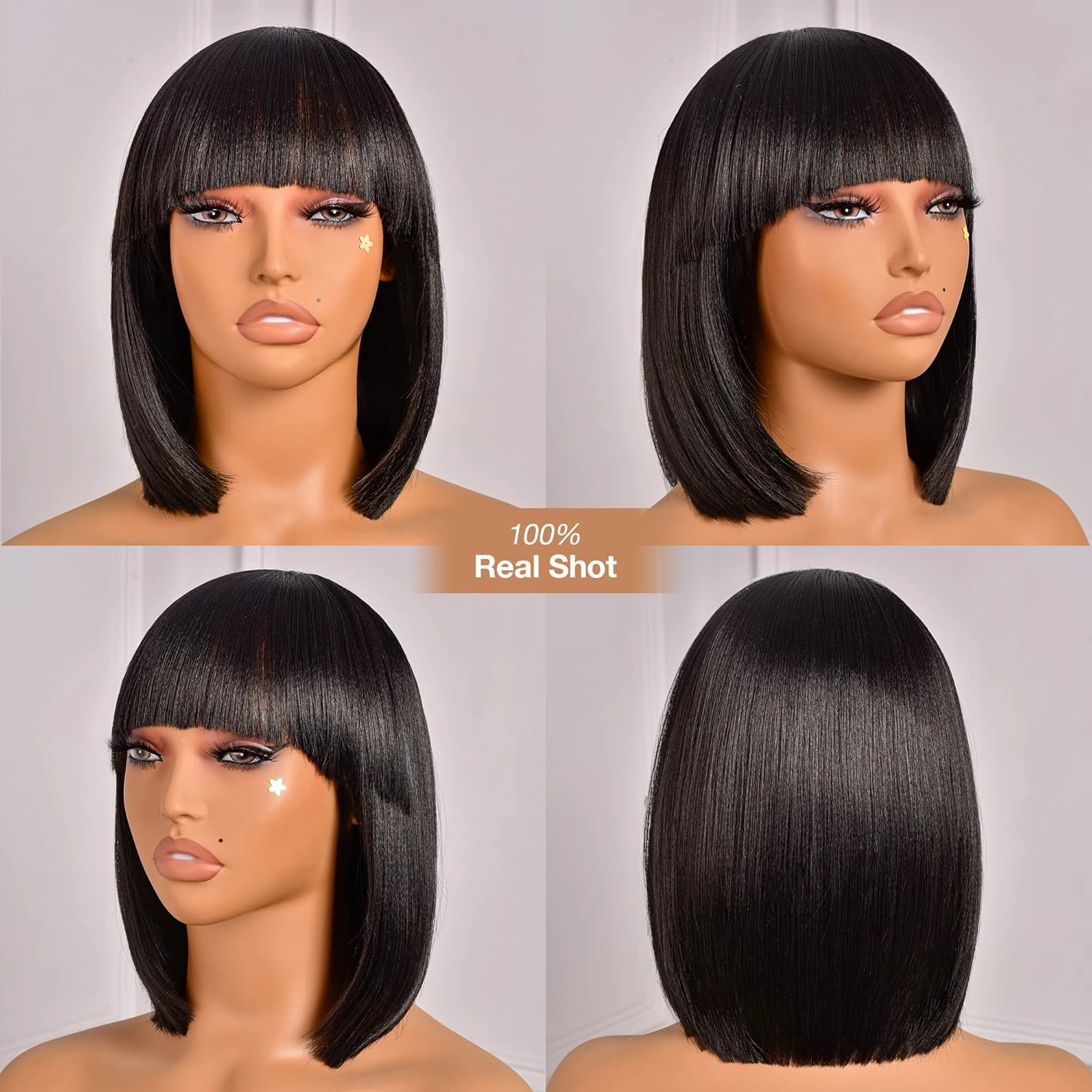 ToyoTress Black Bob Wig With Bangs - 12 Inch Short Bob Wig For Black Women Hair Daily Costume, Light Yaki Straight Synthetic Hair Bob Wigs Heat Resistant (12 Inch, 1B-612H)