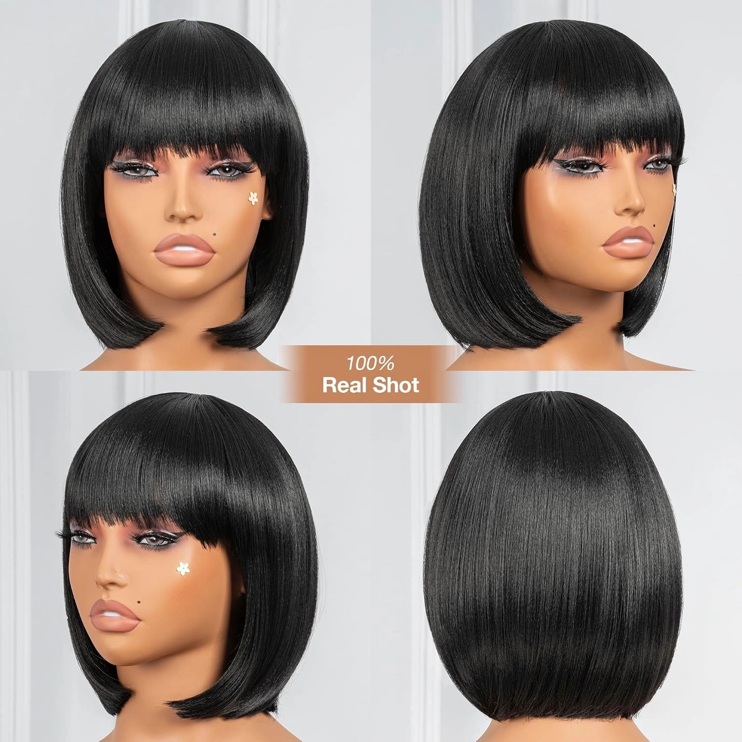 ToyoTress Black Bob Wigs With Bangs - 10 Inch Yaki Straight Hair Daily Costume Wig For Black Women, Soft Short Synthetic Hair Replacement Wigs Heat Resistant (10 Inch, 1B-613H)