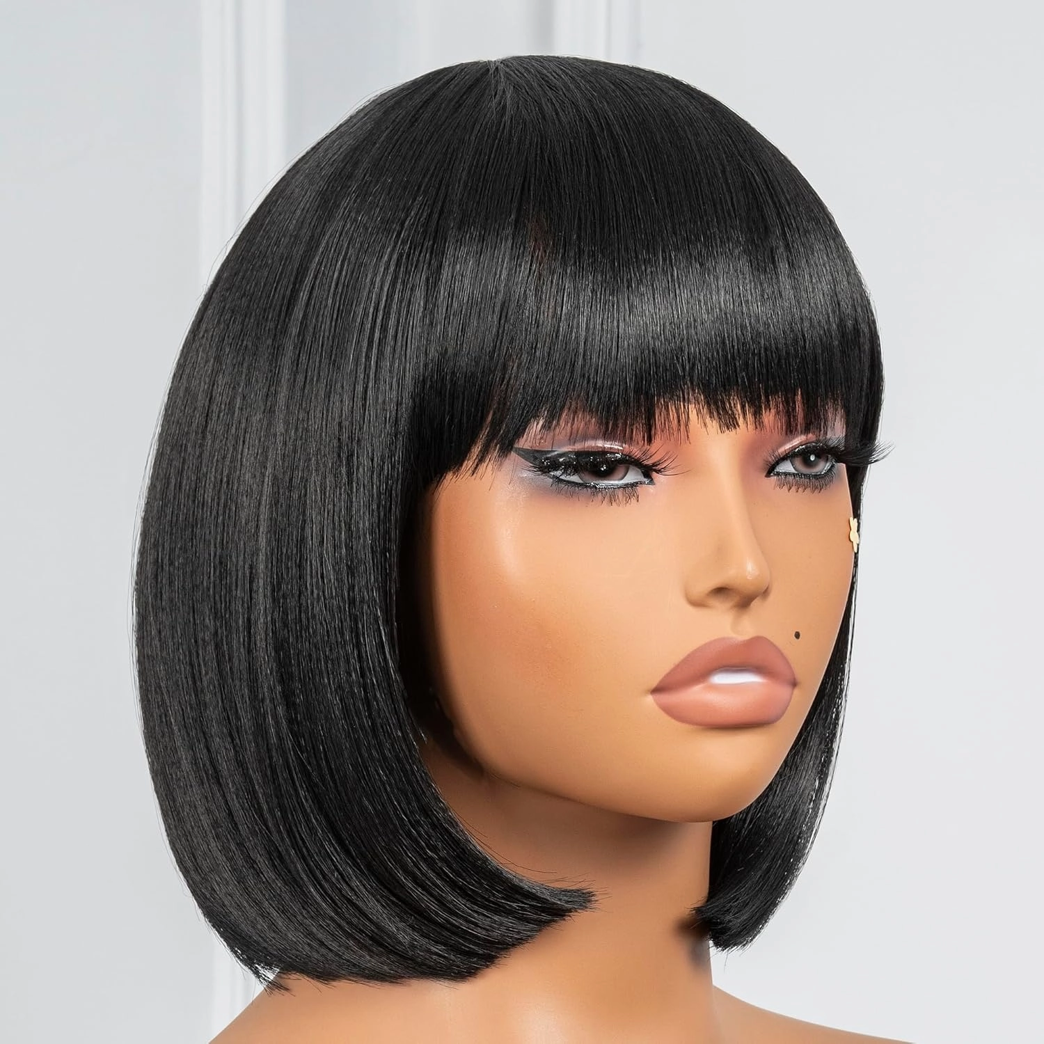 ToyoTress Black Bob Wigs With Bangs - 10 Inch Yaki Straight Hair Daily Costume Wig For Black Women, Soft Short Synthetic Hair Replacement Wigs Heat Resistant (10 Inch, 1B-613H)