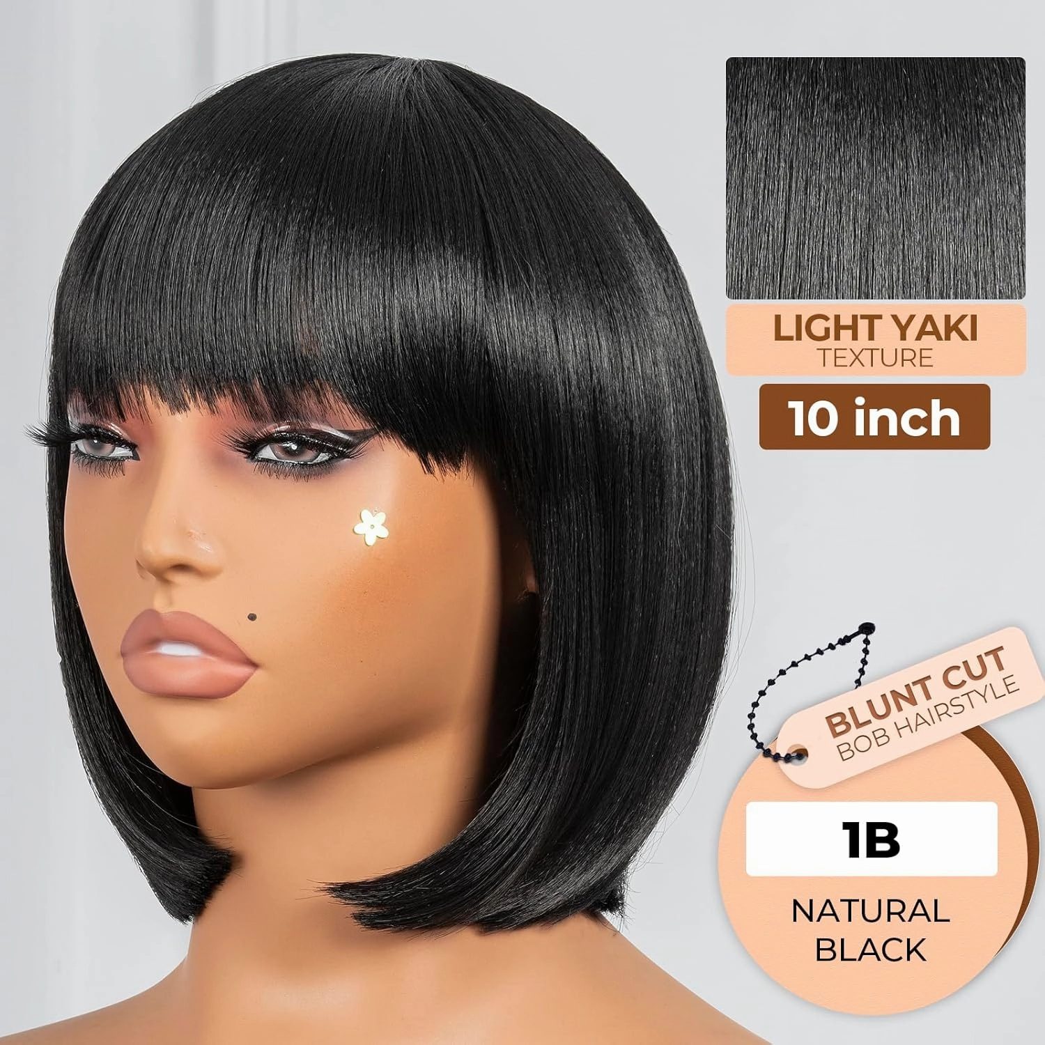 ToyoTress Black Bob Wigs With Bangs - 10 Inch Yaki Straight Hair Daily Costume Wig For Black Women, Soft Short Synthetic Hair Replacement Wigs Heat Resistant (10 Inch, 1B-613H)