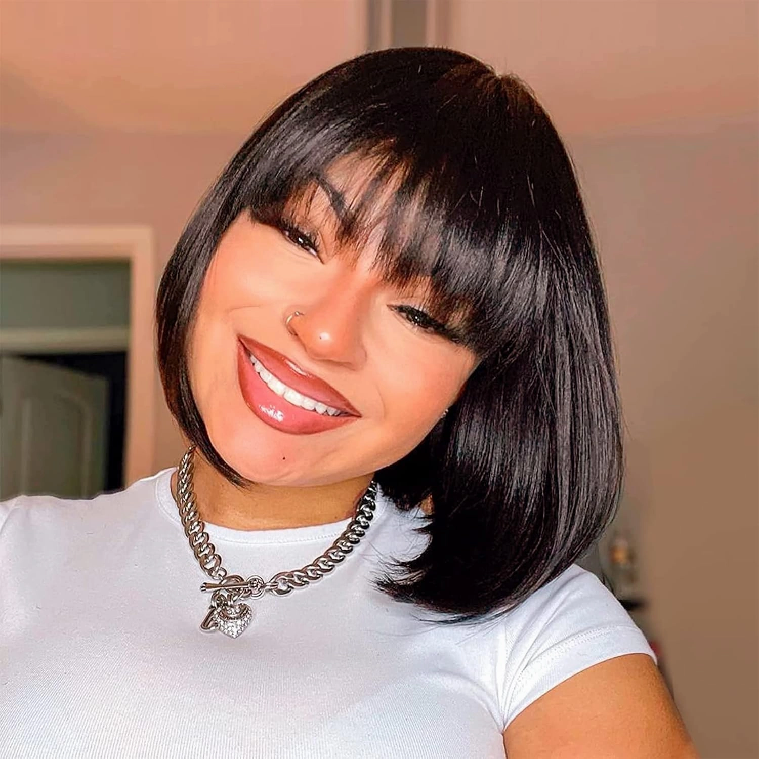 ToyoTress Bob Wig With Bangs - 12 Inch Dark Brown Short Bob Wig With Bangs For Black Women, Light Yaki Straight Synthetic Daily Costume Cosplay Bob Wigs Heat Resistant (12 Inch, #2-612H)