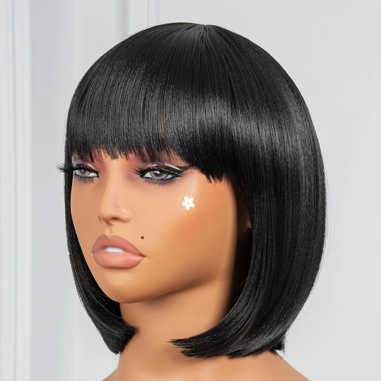 ToyoTress Brown Black Bob Wigs With Bangs - 10 Inch Yaki Straight Hair Daily Costume Wig For Black Women, Soft Short Synthetic Hair Replacement Wigs Heat Resistant (10 Inch, #2-613H)