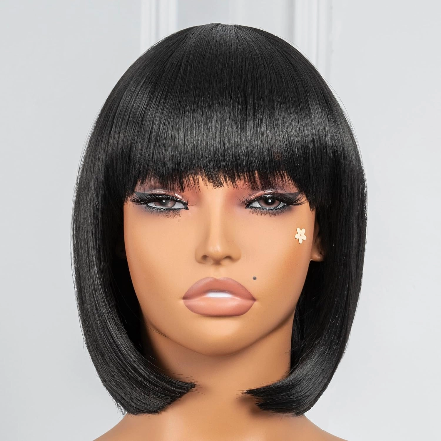 ToyoTress Brown Black Bob Wigs With Bangs - 10 Inch Yaki Straight Hair Daily Costume Wig For Black Women, Soft Short Synthetic Hair Replacement Wigs Heat Resistant (10 Inch, #2-613H)