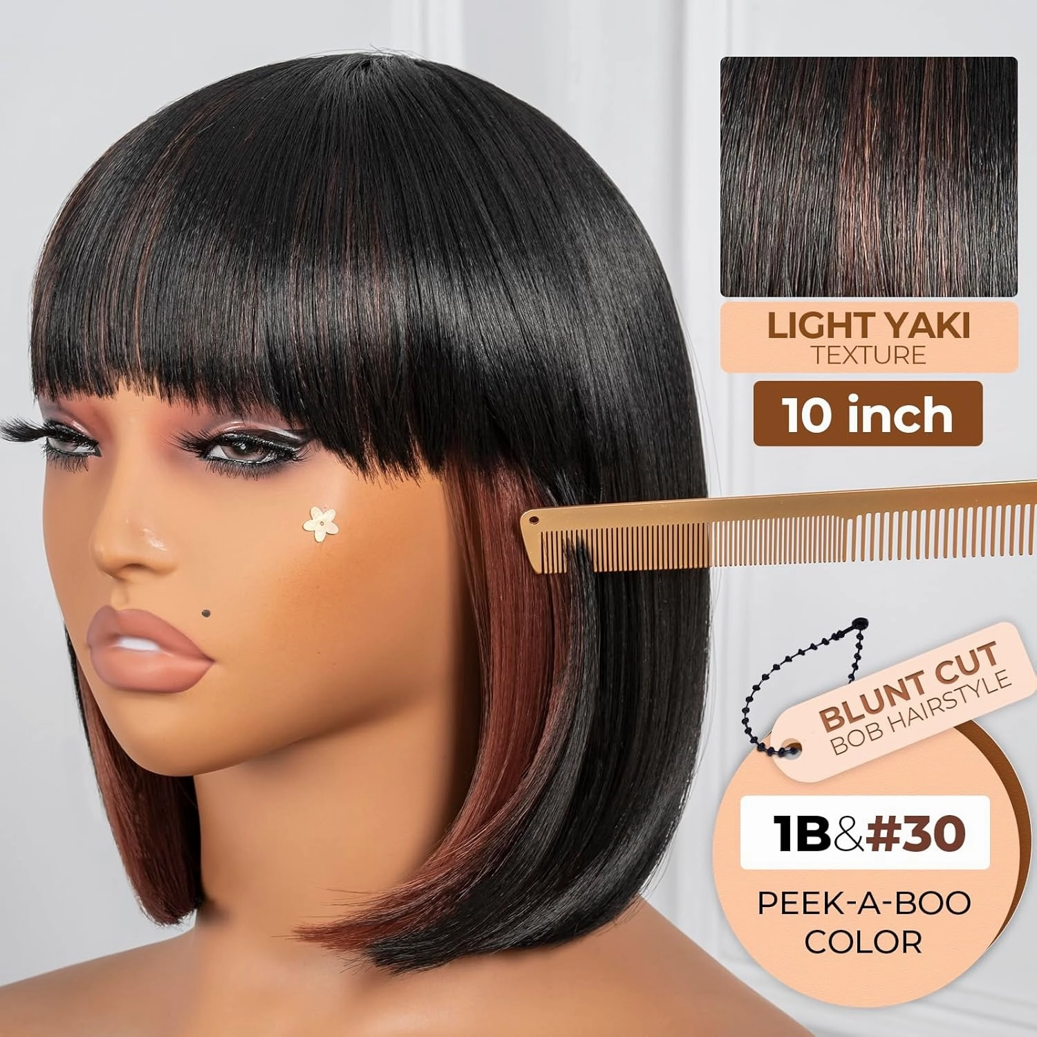 ToyoTress Peek-a-boo Bob Wigs With Bangs - 10 Inch Yaki Straight Hair Daily Costume Wig For Black Women, Soft Short Synthetic Hair Replacement Wigs Heat Resistant (10 Inch, SH30-613H)