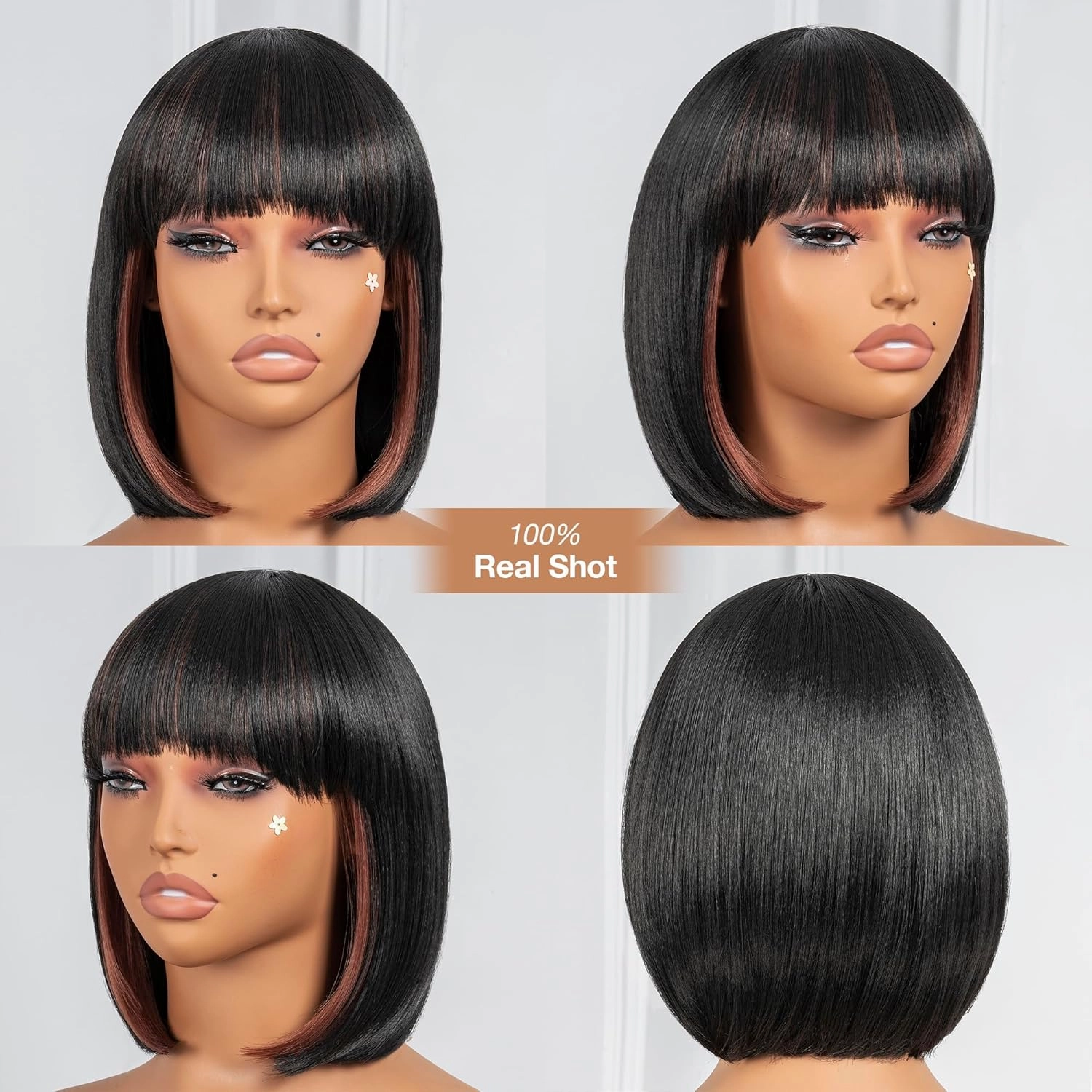 ToyoTress Peek-a-boo Bob Wigs With Bangs - 10 Inch Yaki Straight Hair Daily Costume Wig For Black Women, Soft Short Synthetic Hair Replacement Wigs Heat Resistant (10 Inch, SH30-613H)