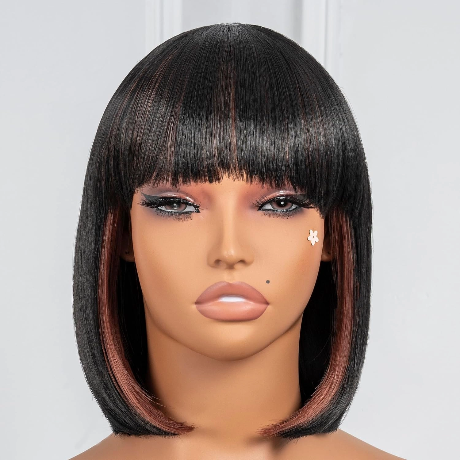 ToyoTress Peek-a-boo Bob Wigs With Bangs - 10 Inch Yaki Straight Hair Daily Costume Wig For Black Women, Soft Short Synthetic Hair Replacement Wigs Heat Resistant (10 Inch, SH30-613H)
