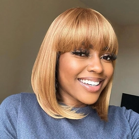 ToyoTress Short Bob Wigs With Bangs - 12 Inch Blonde Mix Brown Yaki Straight Hair Daily Costume Wig For Black Women, Soft Light Synthetic Hair Replacement Wigs Heat Resistant (12 Inch, F27/30-612H)