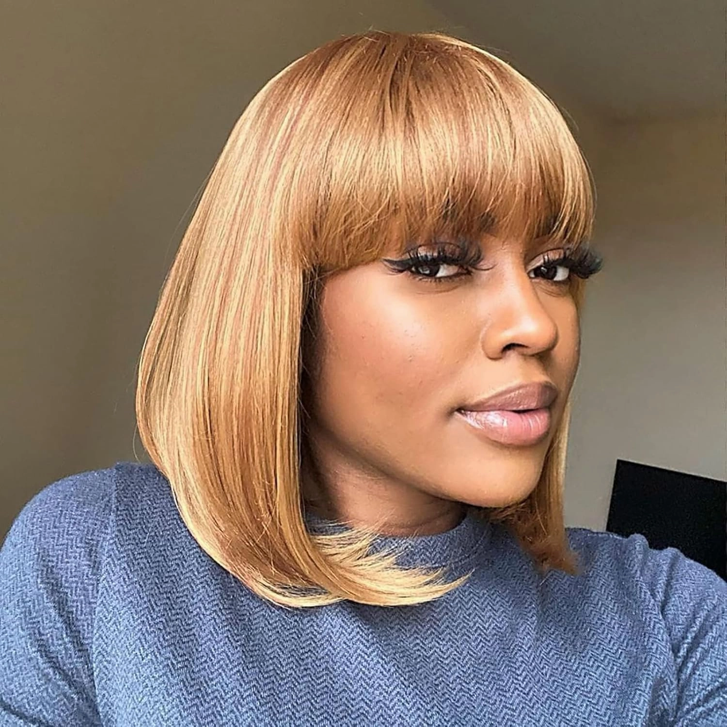 ToyoTress Short Bob Wigs With Bangs - 12 Inch Blonde Mix Brown Yaki Straight Hair Daily Costume Wig For Black Women, Soft Light Synthetic Hair Replacement Wigs Heat Resistant (12 Inch, F27/30-612H)