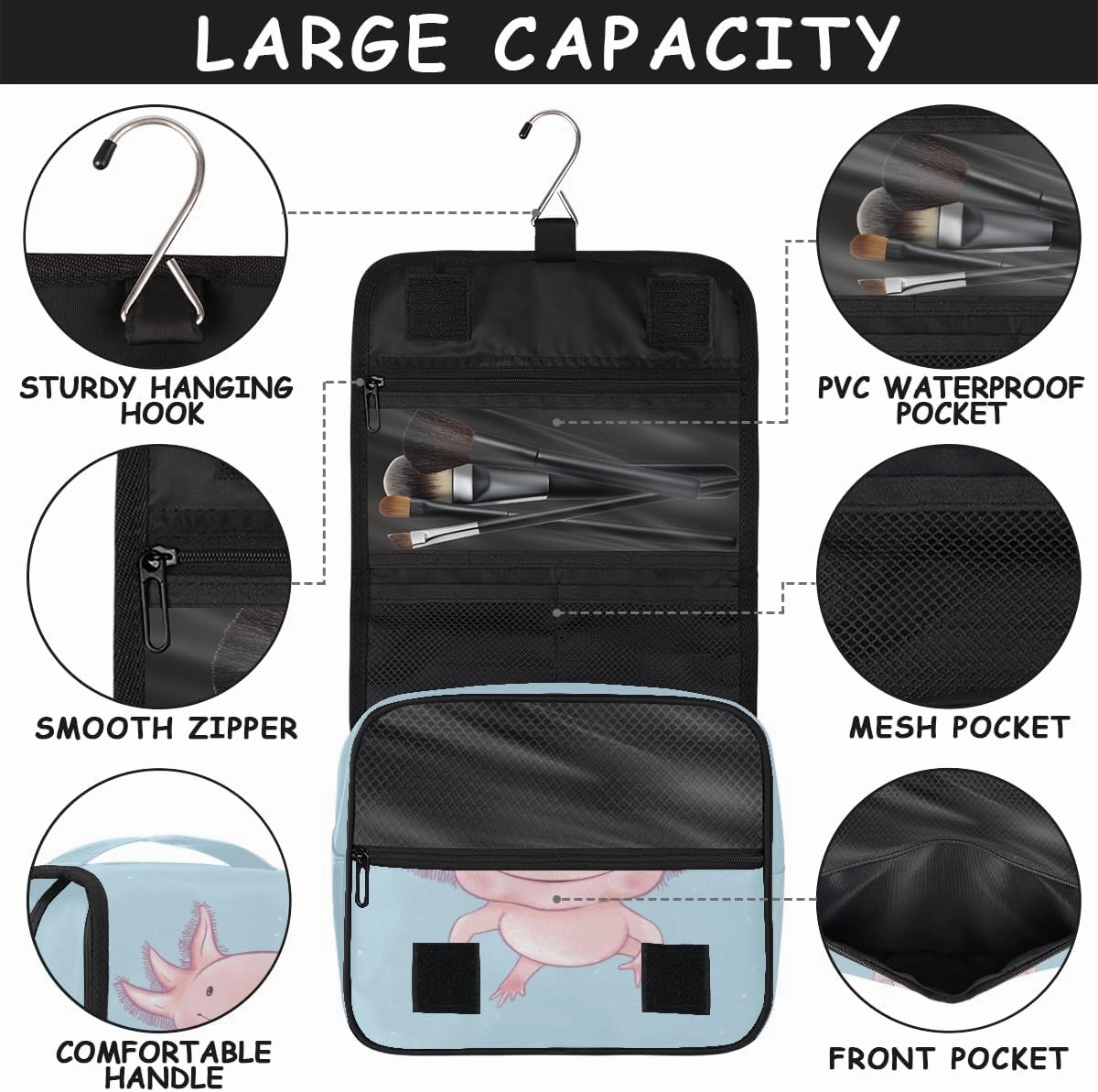 Travel Toiletry Bag for Women with Hanging Hook, Waterproof Makeup Cosmetic Bag Organizer Toiletries Bag for Travel Size Container,Accessories,Shampoo,Brushes Tools (Axolotl)