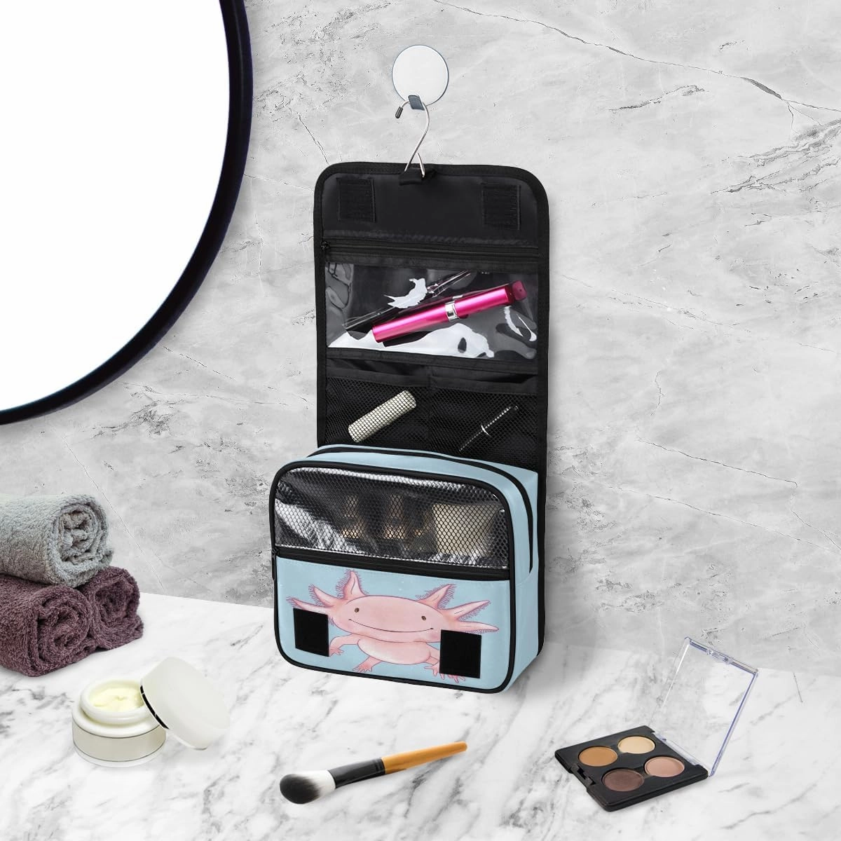 Travel Toiletry Bag for Women with Hanging Hook, Waterproof Makeup Cosmetic Bag Organizer Toiletries Bag for Travel Size Container,Accessories,Shampoo,Brushes Tools (Axolotl)