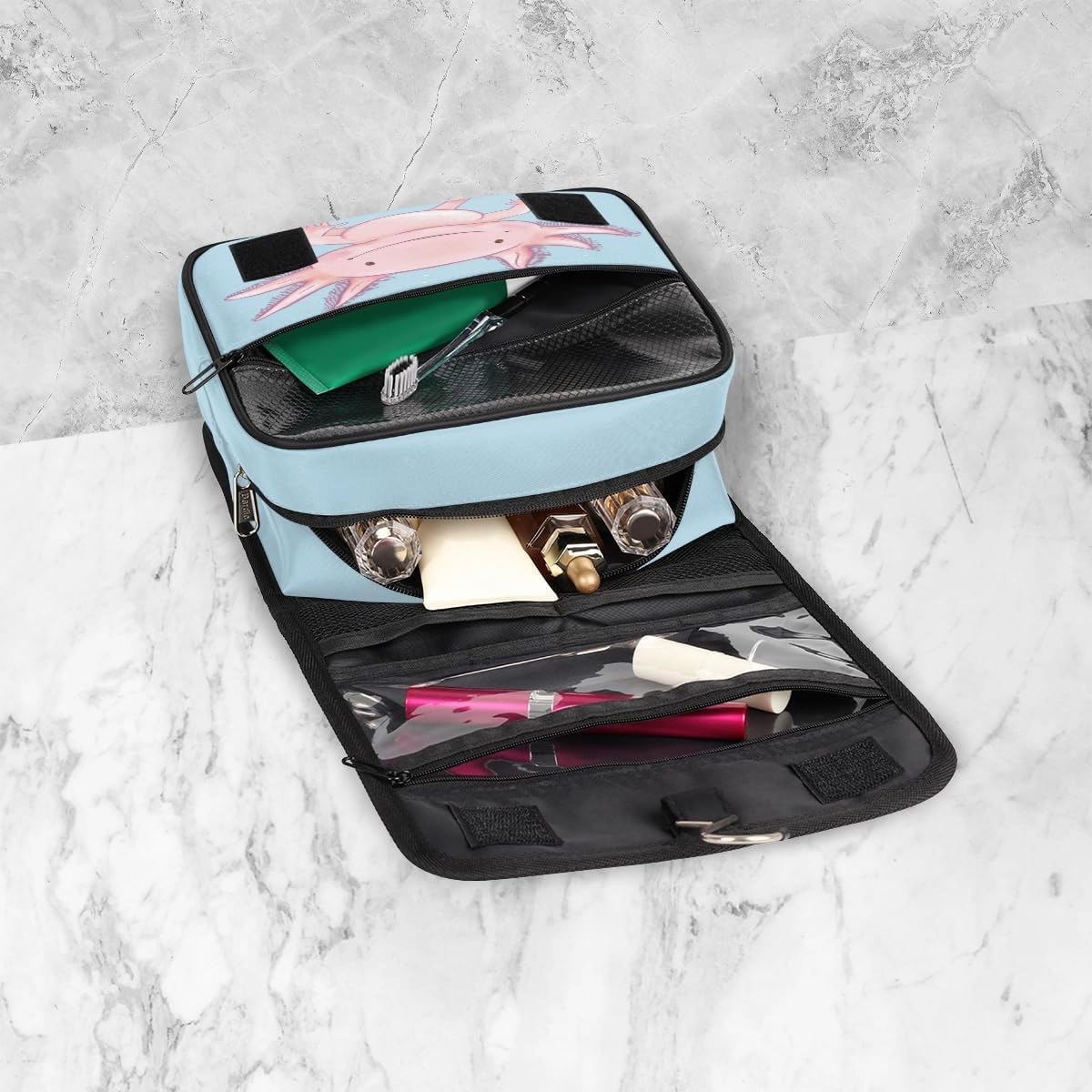 Travel Toiletry Bag for Women with Hanging Hook, Waterproof Makeup Cosmetic Bag Organizer Toiletries Bag for Travel Size Container,Accessories,Shampoo,Brushes Tools (Axolotl)