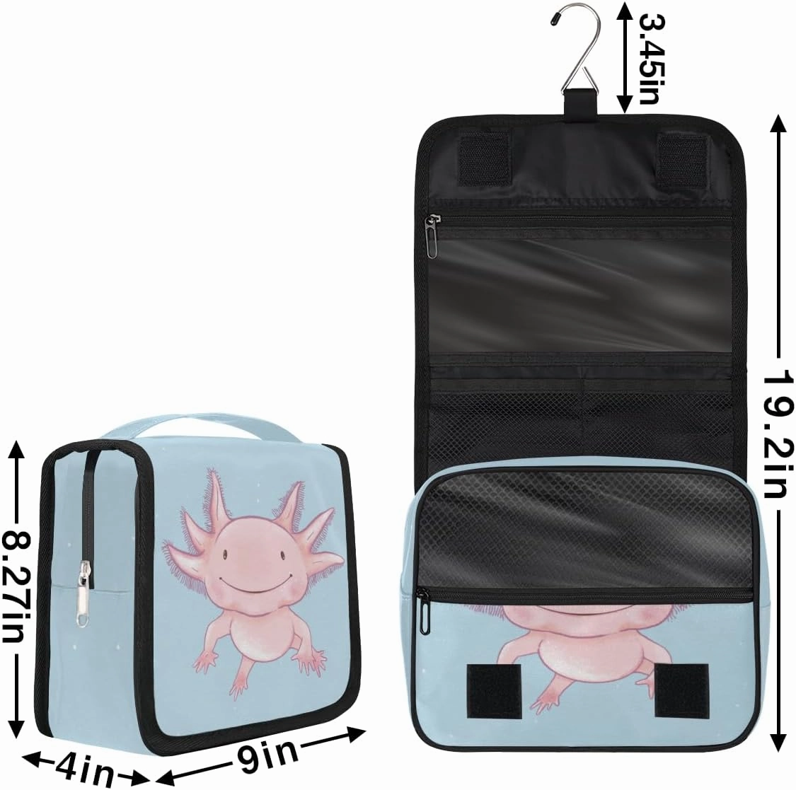 Travel Toiletry Bag for Women with Hanging Hook, Waterproof Makeup Cosmetic Bag Organizer Toiletries Bag for Travel Size Container,Accessories,Shampoo,Brushes Tools (Axolotl)