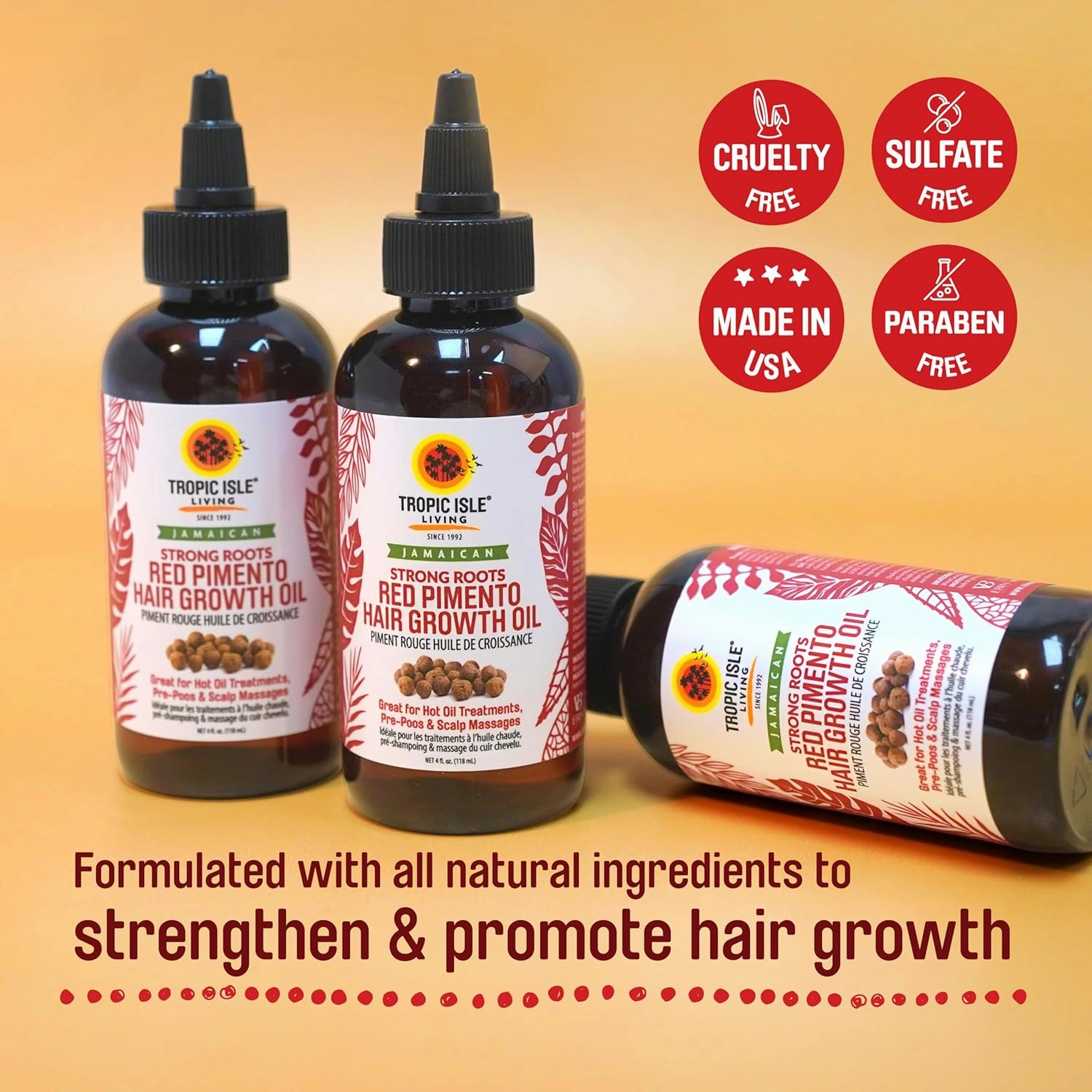 Tropic Isle Living - Strong Roots Red Pimento Hair Growth Oil | 100% Natural, Organic Jamaican Black Castor Oil, Soften Hair and gives Shine. Strengthen Hair and Scalp (Pack of 2)