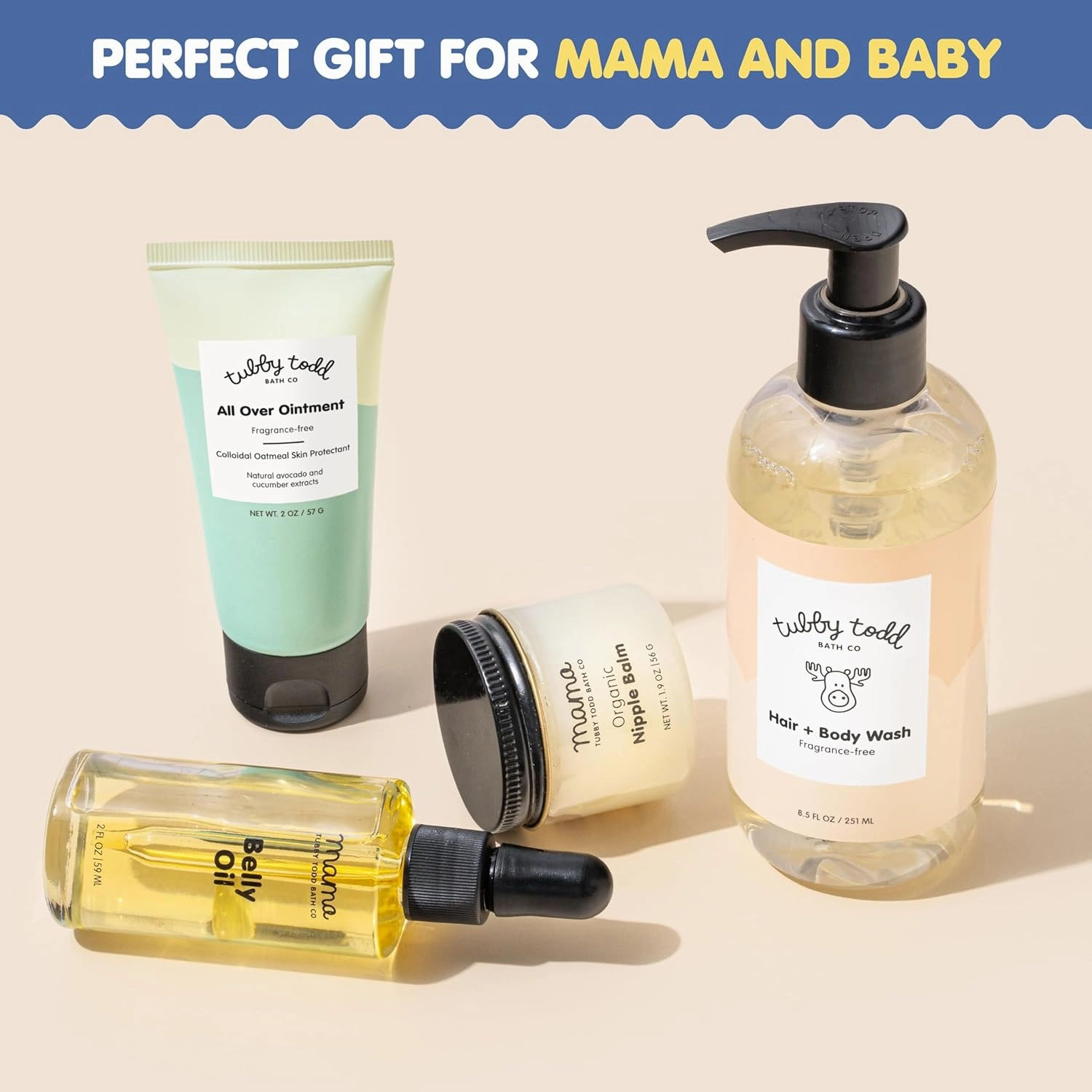 Tubby Todd New Baby & Mom Sensitive Skincare Kit - The Mama   Baby Gift Set - Baby Shampoo and Body Wash 8.5 Oz, All Over Ointment 2 Oz, Belly Oil 2 Fl Oz & Nipple Balm 1.9 Oz - Fragrance-Free