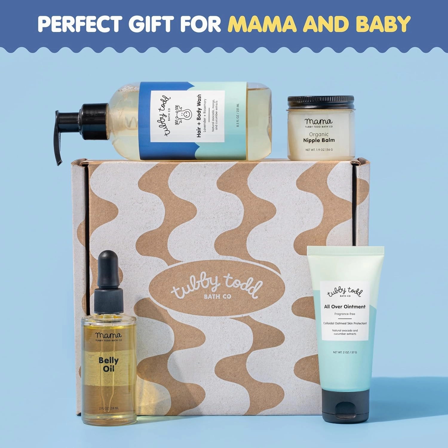 Tubby Todd New Baby & Mom Sensitive Skincare Kit - The Mama   Baby Gift Set - Baby Shampoo and Body Wash 8.5 Oz, All Over Ointment 2 Oz, Belly Oil 2 Fl Oz & Nipple Balm 1.9 Oz - Lavender Rosemary
