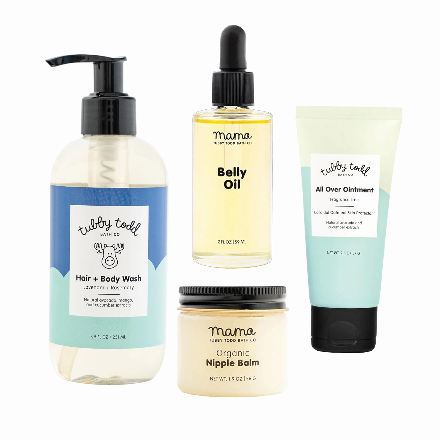Tubby Todd New Baby & Mom Sensitive Skincare Kit - The Mama   Baby Gift Set - Baby Shampoo and Body Wash 8.5 Oz, All Over Ointment 2 Oz, Belly Oil 2 Fl Oz & Nipple Balm 1.9 Oz - Lavender Rosemary
