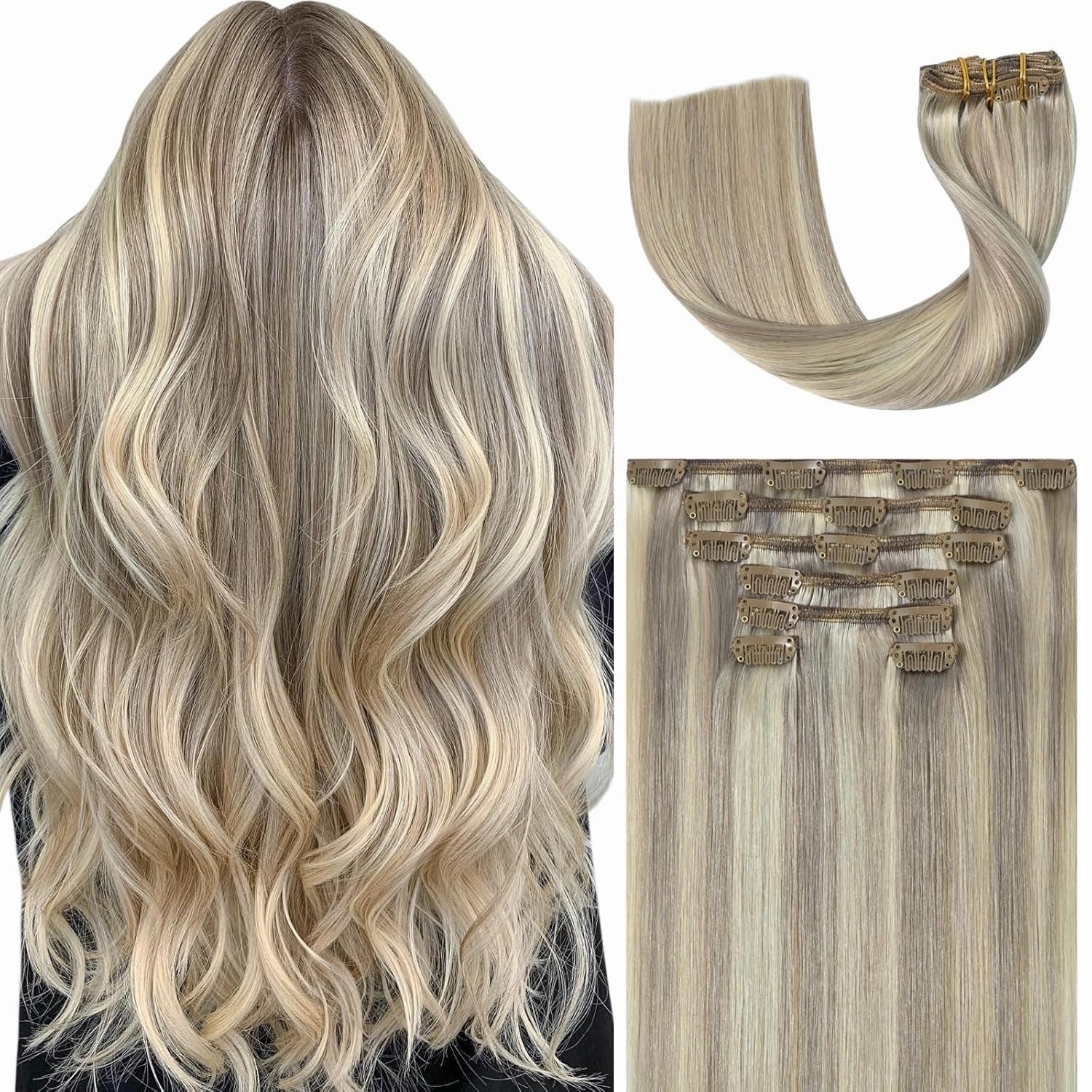 Ukira Ash Blonde Hair Extensions Clip in Real Human Hair, 12 Inch 70g 7pcs 18/613 Mixed Bleach Blonde Clip in Hair Extensions Real Human Hair, Natural Straight Remy Human Hair Clip ins for Women