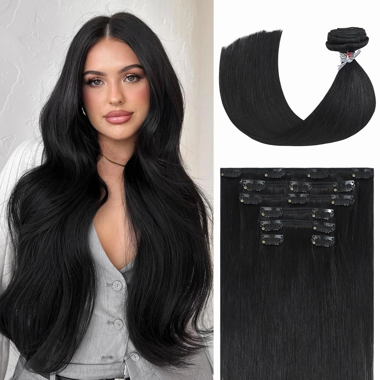 Ukira Black Hair Extensions Real Human Hair, 70g 15 Inch 7pcs 1B Natural Black Clip in Hair Extensions, Silky Natural Straight Remy Human Hair Clip in Extensions for Women