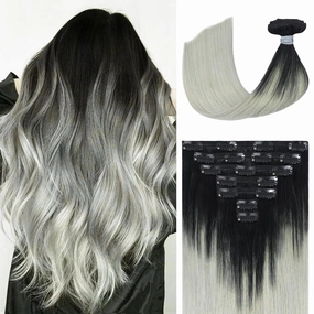 Ukira Black Silver Hair Extensions for Women Real Human Hair, 20 Inch 120g 7pcs Natural Black Fading to Grey Human Hair Clip in Extensions, Silky Natural Straight Remy Human Hair Clip ins