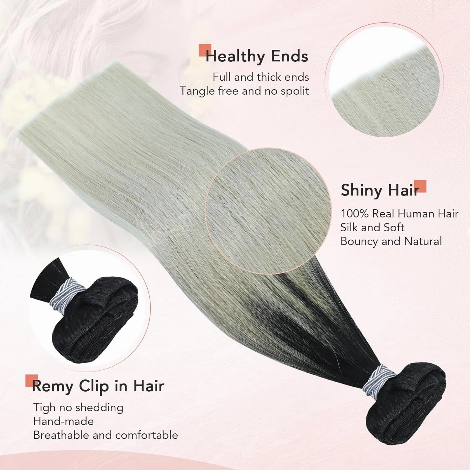 Ukira Black Silver Hair Extensions for Women Real Human Hair, 20 Inch 120g 7pcs Natural Black Fading to Grey Human Hair Clip in Extensions, Silky Natural Straight Remy Human Hair Clip ins