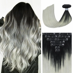 Ukira Black Silver Ombre Hair Extensions Real Human Hair, 12 Inch 100g 7pcs Natural Black Fading to Grey Clip in Hair Extensions, Soft Natural Straight Remy Human Hair Clip in Extensions
