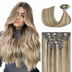 Ukira Blonde Clip in Hair Extensions Real Human Hair, 12 Inch 100g 7pcs 18/60 Highlighted Human Hair Extensions Ash Blonde Mixed Bleach Blond, Natural Straight Remy Human Hair Clip in Extensions