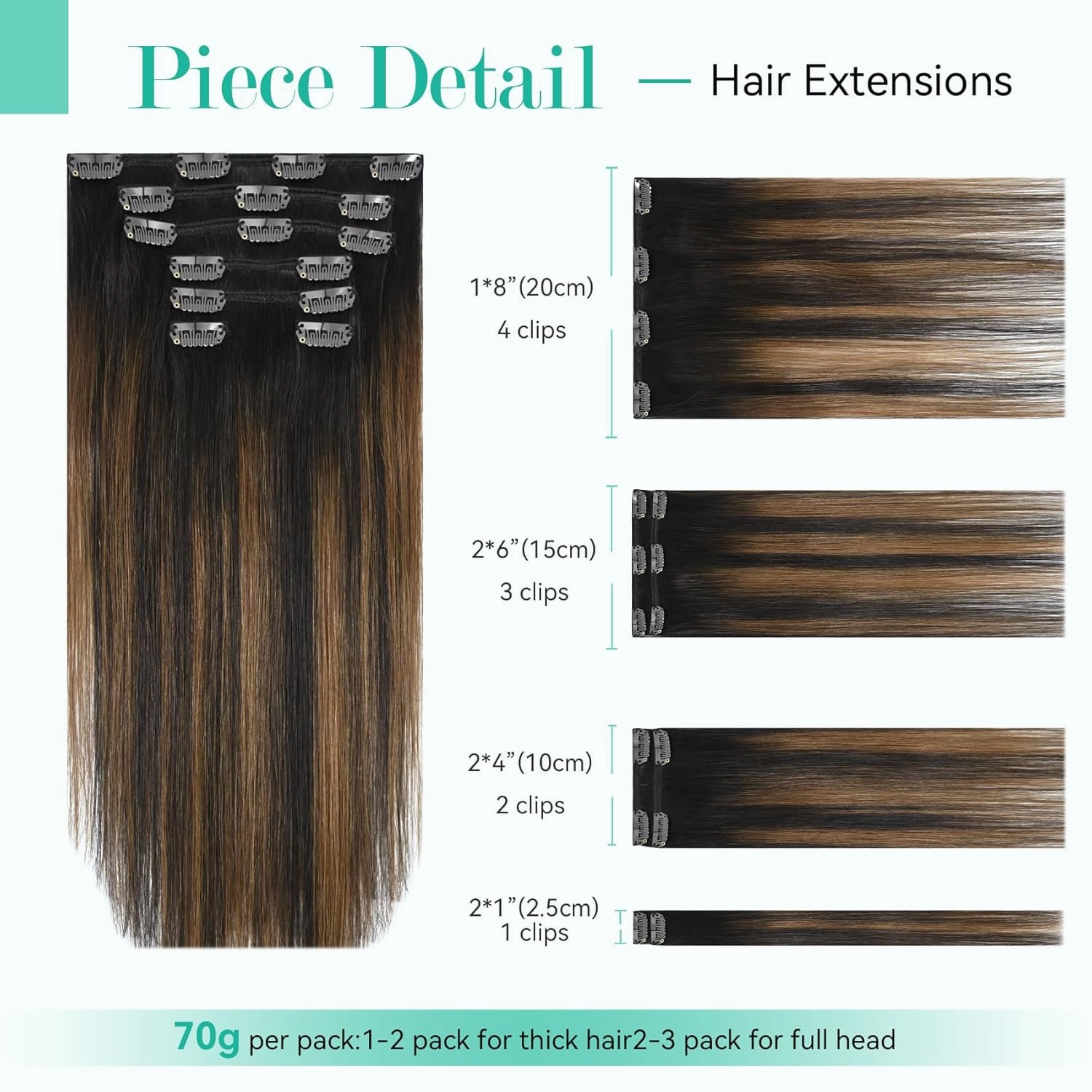 Ukira Brown Balayage Clip in Hair Extensions Real Human Hair, 15 Inch 70g 7pcs 2/6/2 Dark Brown to Chestnut Brown Human Hair Extensions, Natural Straight Remy Human Hair Clip in Extensions