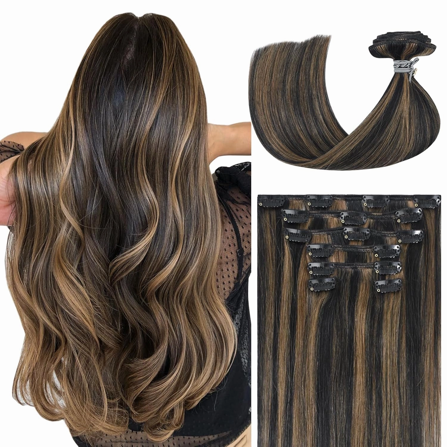 Ukira Hair Extensions Real Human Hair Clip in, 18 Inch 70g 7pcs Balayage Hair Extensions Natural Black Mixed Chestnut Brown, Ntural Straight Remy Human Hair Clip in Extensions for Women