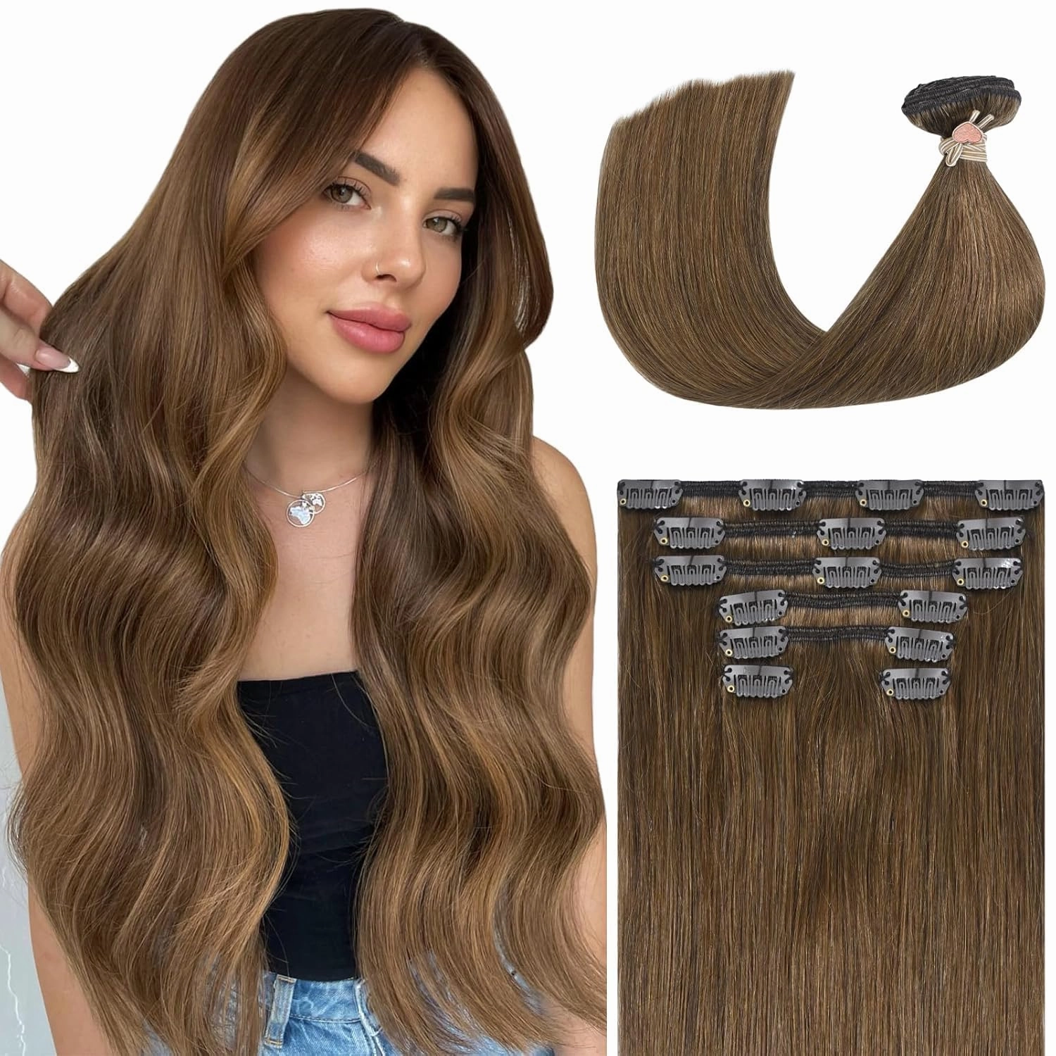 Ukira Light Brown Hair Extensions Real Human Hair, 15 Inch 70g 7pcs Brown Clip in Hair Extensions Real Human Hair, Soft Natural Straight Remy Human Hair Clip in Extensions for Women