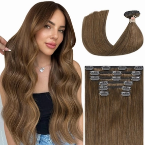 Ukira Light Brown Hair Extensions Real Human Hair, 15 Inch 70g 7pcs Brown Clip in Hair Extensions Real Human Hair, Soft Natural Straight Remy Human Hair Clip in Extensions for Women