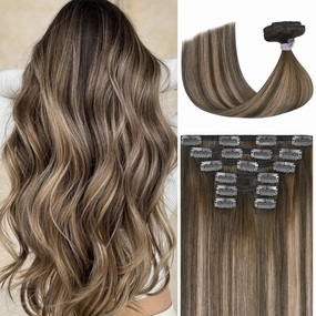 Ukira Mushroom Brown Clip in Hair Extensions Real Human Hair, 20 Inch 120g 7pcs Balayage Hair Extensions Real Human Hair, Natural Straight Remy Human Hair Clip in Extensions for Women