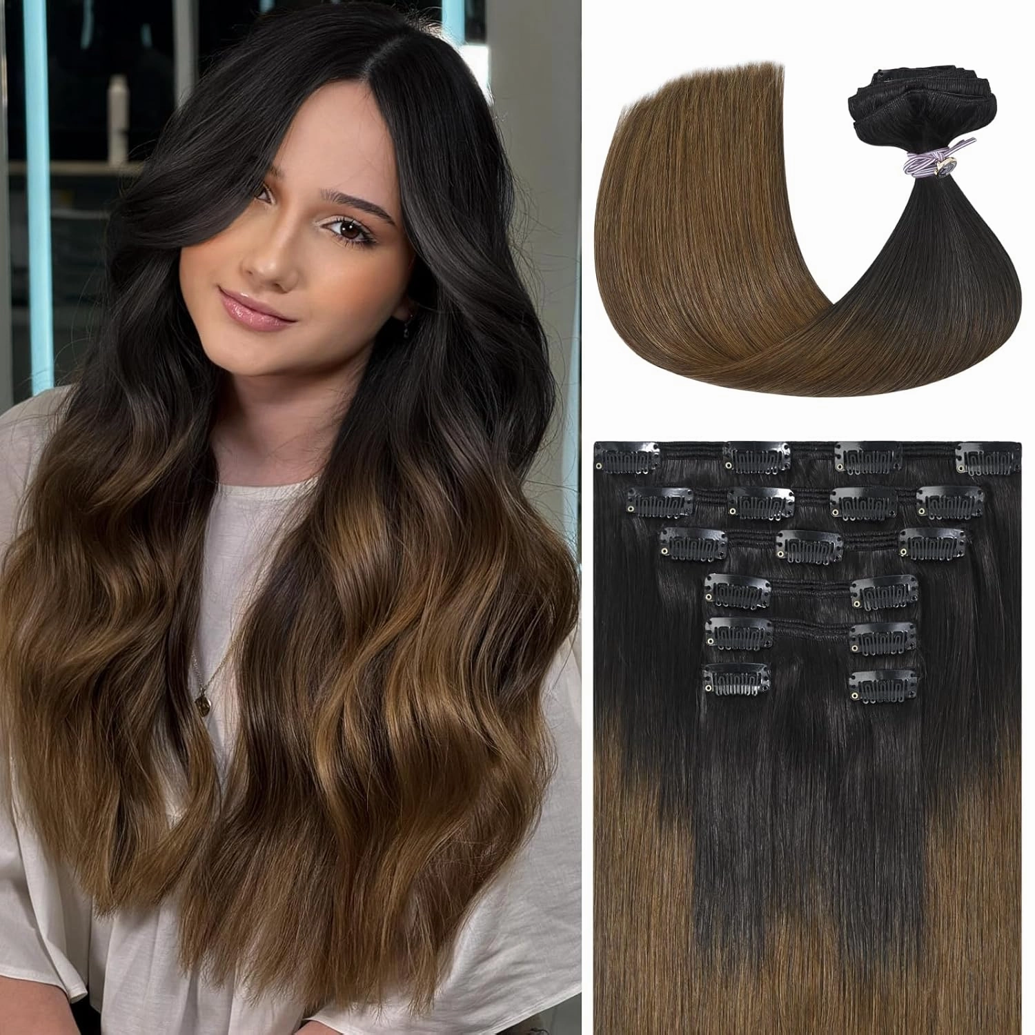 Ukira Ombre Clip in Hair Extensions Real Human Hair, 20 Inch 120g 7pcs Natural Black Fading to Medium Brown Human Hair Extensions, Natural Straiaght Remy Human Hair Clip ins for Women
