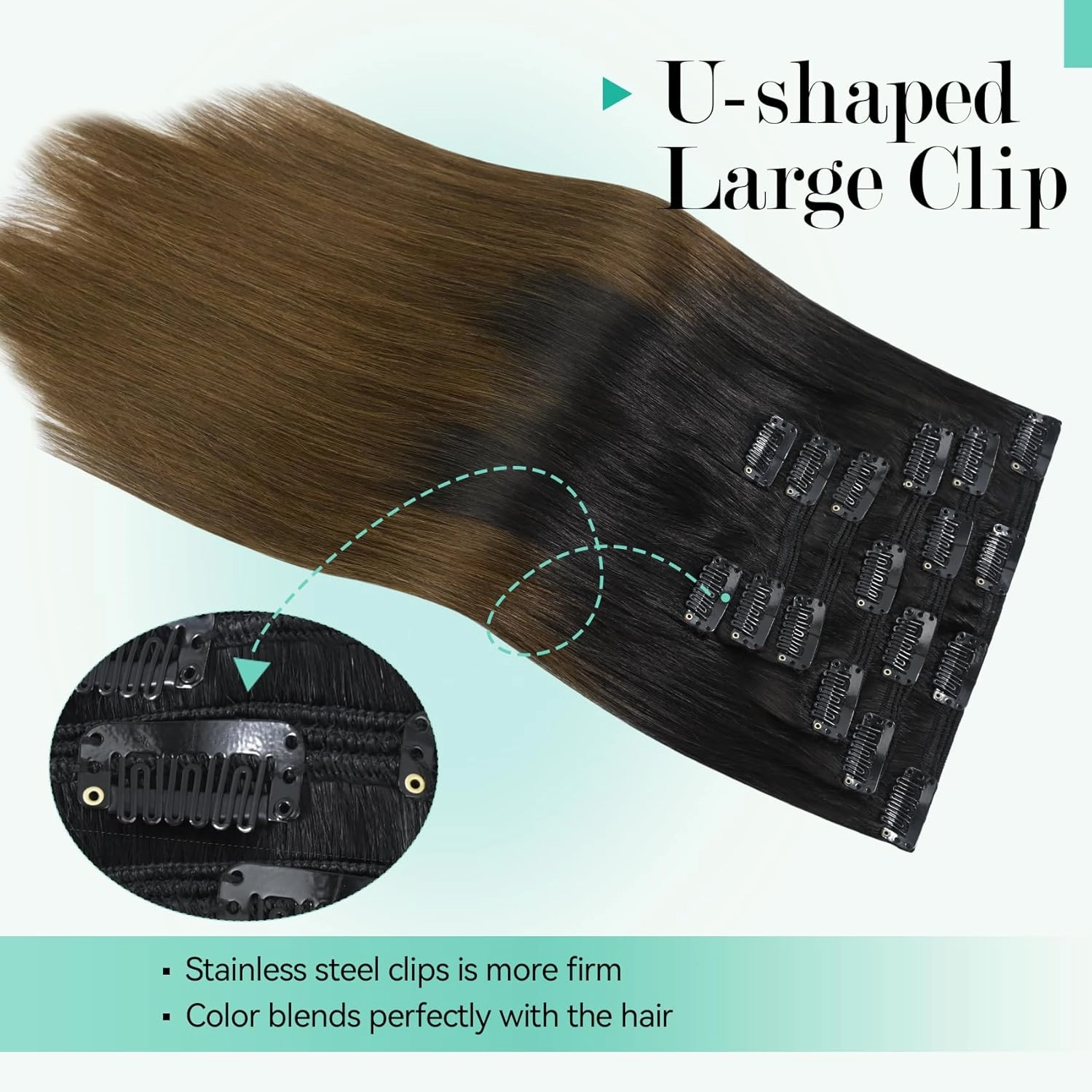 Ukira Ombre Clip in Hair Extensions Real Human Hair, 20 Inch 120g 7pcs Natural Black Fading to Medium Brown Human Hair Extensions, Natural Straiaght Remy Human Hair Clip ins for Women