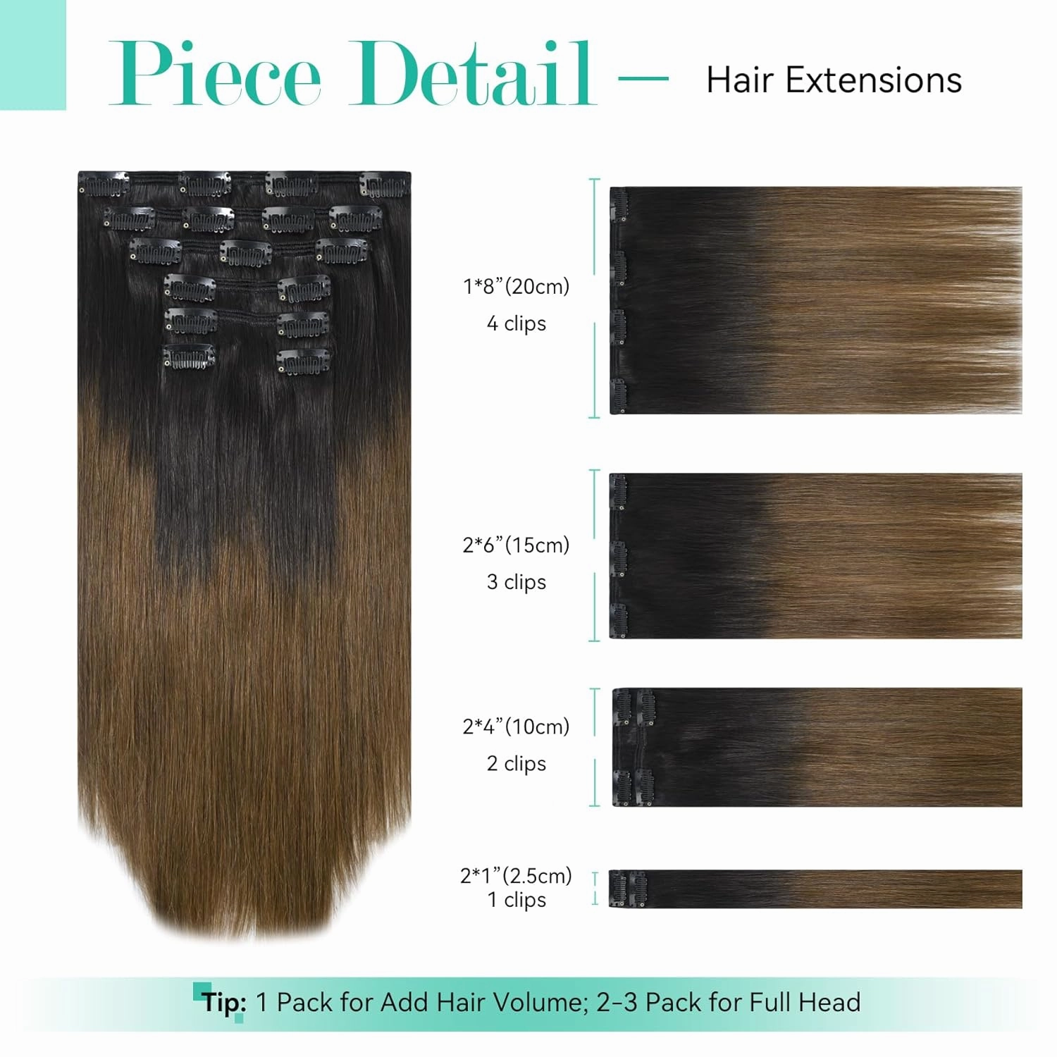 Ukira Ombre Clip in Hair Extensions Real Human Hair, 20 Inch 120g 7pcs Natural Black Fading to Medium Brown Human Hair Extensions, Natural Straiaght Remy Human Hair Clip ins for Women