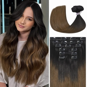 Ukira Ombre Clip in Hair Extensions Real Human Hair, 20 Inch 120g 7pcs Natural Black Fading to Medium Brown Human Hair Extensions, Natural Straiaght Remy Human Hair Clip ins for Women