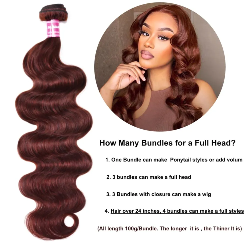 UNICE Reddish Brown Body Wave Human Hair Weave 1 Bundle 8 inch Brazilian Remy Human Hair Sew In Extensions 33b Color Soft and Keep Waves after Multiple Washes