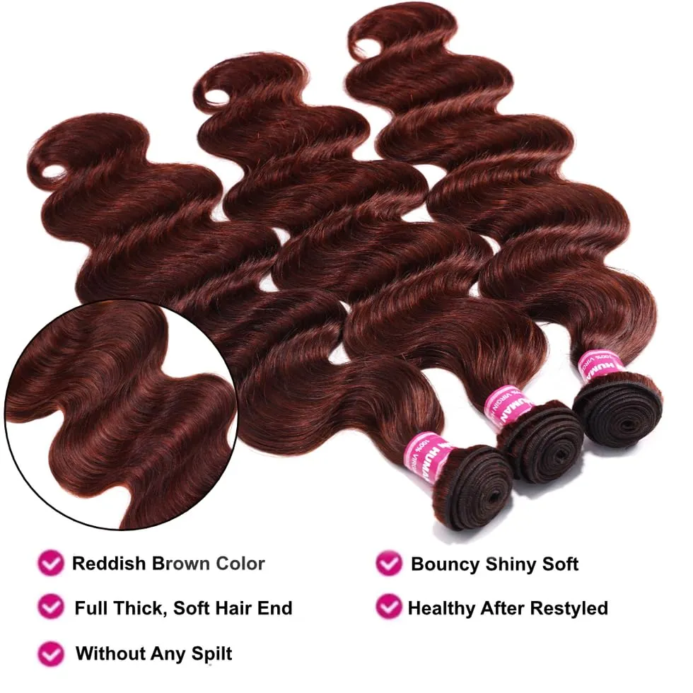 UNICE Reddish Brown Body Wave Human Hair Weave 1 Bundle 8 inch Brazilian Remy Human Hair Sew In Extensions 33b Color Soft and Keep Waves after Multiple Washes