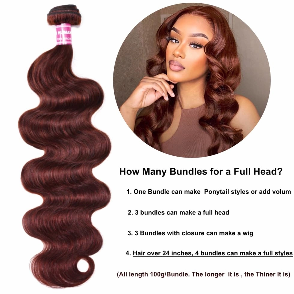UNICE Reddish Brown Body Wave Human Hair Weave 1 Bundle 10 inch Brazilian Remy Human Hair Sew In Extensions 33b Color Soft and Keep Waves after Multiple Washes