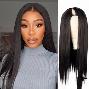 V Part Wig Synthetic Long Hair Straight Glueless Wigs for Black Women, No Leave Out V Part Wigs Upgrade U Part Wigs Clip in Thin Part Half Wigs for Black Women Natural Color 22 Inch(1B#)