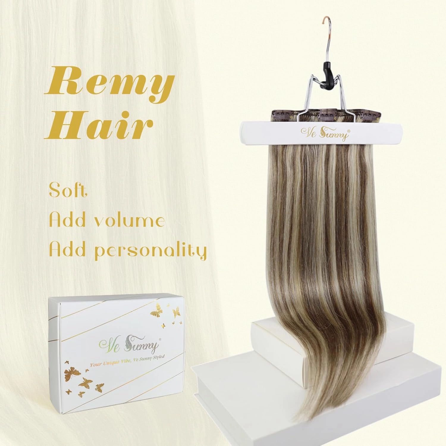 Ve Sunny 22inch Human Hair Clip in Extensions Light Brown Highlights Blonde Clip in Hair Extensions Long Hair Clip in Highlights Hair Extensions Double Weft 120g 7pcs