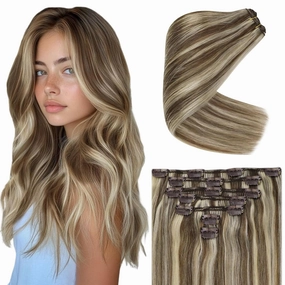 Ve Sunny 22inch Human Hair Clip in Extensions Light Brown Highlights Blonde Clip in Hair Extensions Long Hair Clip in Highlights Hair Extensions Double Weft 120g 7pcs