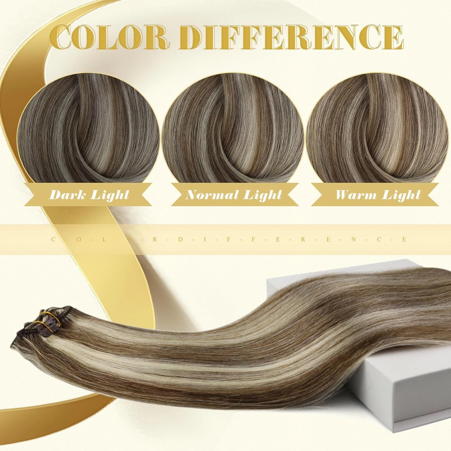 Ve Sunny 22inch Human Hair Clip in Extensions Light Brown Highlights Blonde Clip in Hair Extensions Long Hair Clip in Highlights Hair Extensions Double Weft 120g 7pcs