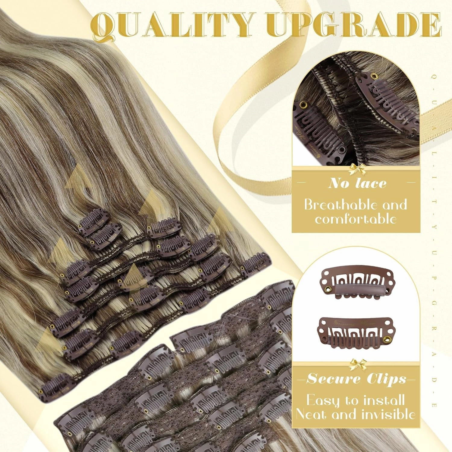 Ve Sunny 22inch Human Hair Clip in Extensions Light Brown Highlights Blonde Clip in Hair Extensions Long Hair Clip in Highlights Hair Extensions Double Weft 120g 7pcs